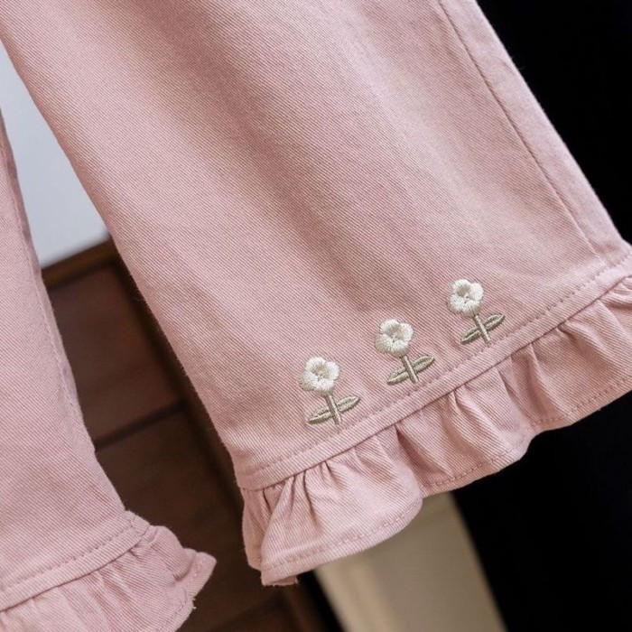 Quần cotton nguyên chất viền nấm ngọt ngào phiên bản Hàn Quốc, quần màu trơn thêu mỏng, đa nă