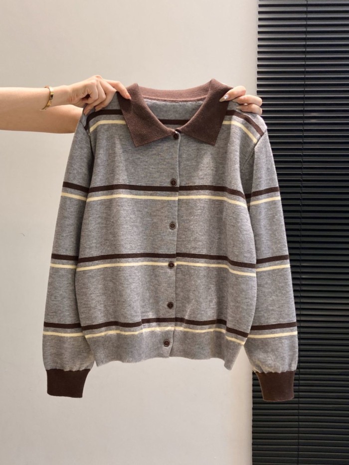Áo len dệt kim dài tay có cổ POLO sọc tương phản cổ điển dành cho nữ trong mùa thu đông áo le