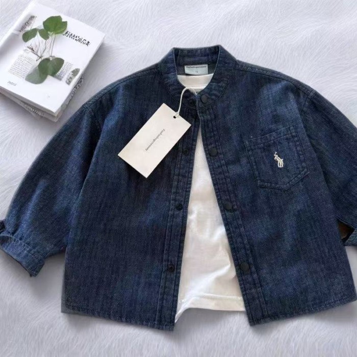 Trẻ Em Áo Sơ Mi Denim Thu Đông Bé Trai Thương Hiệu Nhật Bản Cổ Đứng Áo Sơ Mi Bé Trẻ Em Đơn Giản