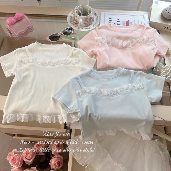 cô gái mùa hè mới áo hai dây giả nhẹ nhàng ngắn tay ngọt ngào đa năng Áo thun ren phong cách châ