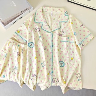 Bé Gái Phối Ren Mèo HelloKitty Ngắn Tay Cardigan Bộ Đồ Ngủ Mùa Hè Cô Bé Trẻ Em Phù Hợp Với Nhà Quần