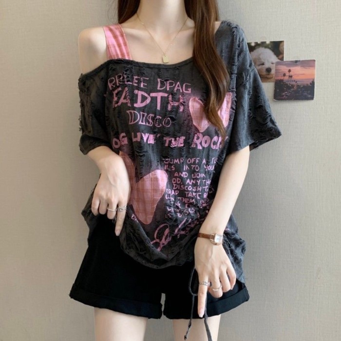 Kích thước lớn lỗ bướm vá áo thun ngắn tay dây rút dành cho nữ mới dáng rộng hàng đầu giảm bé