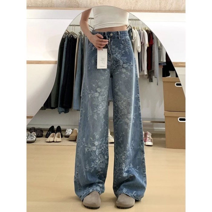 Quần Jean Ống Rộng Họa Tiết Hoa Cho Nữ Quần Jean Lưng Cao Giảm Béo Quần Thêu Đa Năng