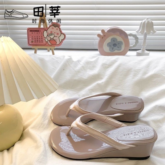 Dép xỏ ngón đế nêm kiểu Pháp dành cho nữ mặc ngoài mùa xuân và mùa hè dép cao gót dép đi biển đi ng