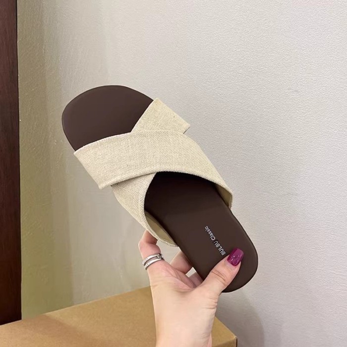 Dây Đeo chéo Dép Lanh Nữ Mùa Hè Áo khoác ngoài Retro Thường Ngày Kỳ Nghỉ Đi Biển Đế Bằng