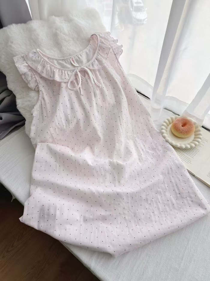 Mùa hè phong cách mới màu hồng Nhật Bản chấm bi nhỏ của cô gái bay tay áo treo áo ngủ đồ ngủ