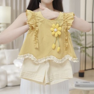 Bộ đồ bé gái phong cách mùa hè quần short không tay hoa ba chiều bộ đồ hai mảnh phong cách phương T