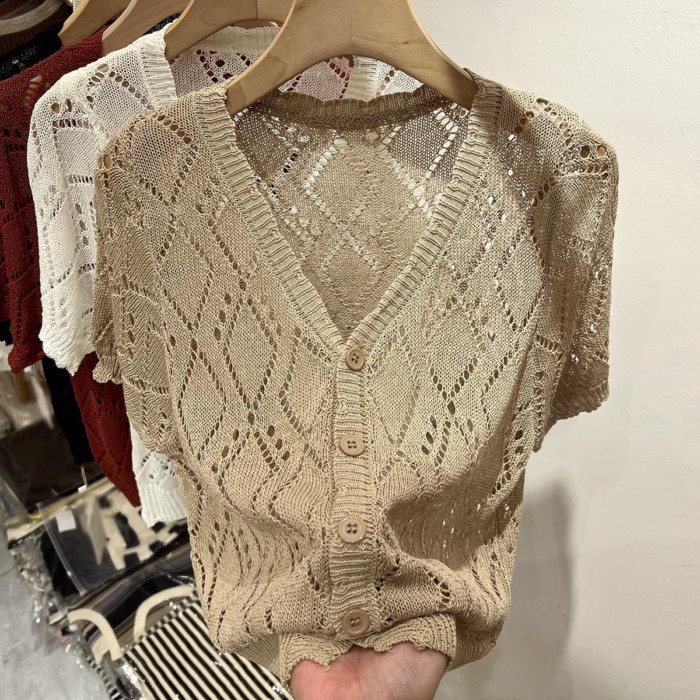 Áo thun cardigan mỏng tay ngắn cổ chữ V dành cho nữ, áo len khoét rỗng dáng rộng, thời trang,