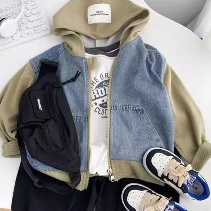 Áo khoác denim bé trai có mũ trùm đầu phong cách Hàn Quốc thời trang mới nhất