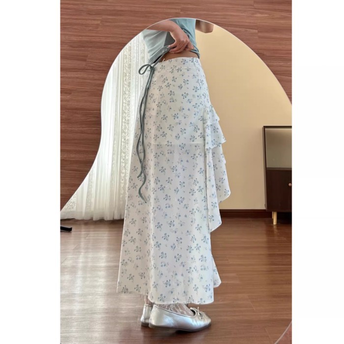 Váy nửa trắng không đều kiểu Pháp cho nữ Váy dài xòe hoa giảm béo đa năng