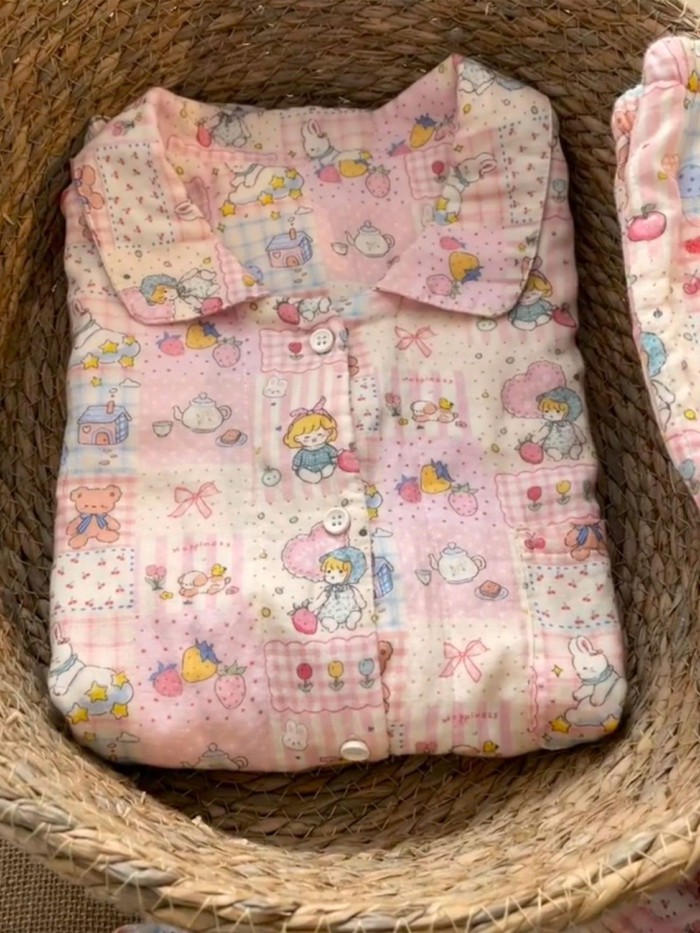 Cô Gái Dễ Thương Màu Hồng Ngọt Ngào In Hình Hoạt Hình Bộ Đồ Ngủ Cardigan Bé Gái Junior Girl P