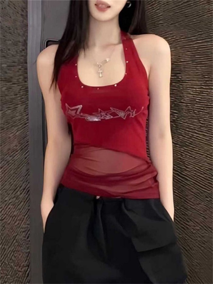 American Retro Hottie Hot Diamond Halterneck Camisole Women's Summer Outer Wear Slim Mesh Spl