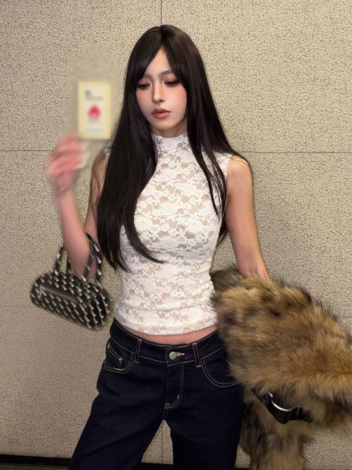 Hot girl Mỹ phong cách ren không tay nửa áo thun cao cổ dành cho nữ màu trắng giảm béo thiết