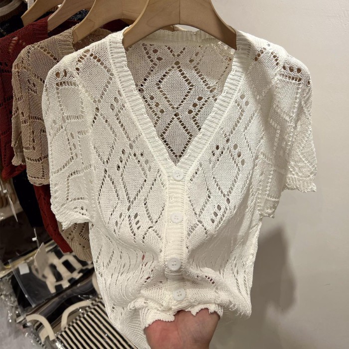 Áo thun cardigan mỏng tay ngắn cổ chữ V dành cho nữ, áo len khoét rỗng dáng rộng, thời trang,