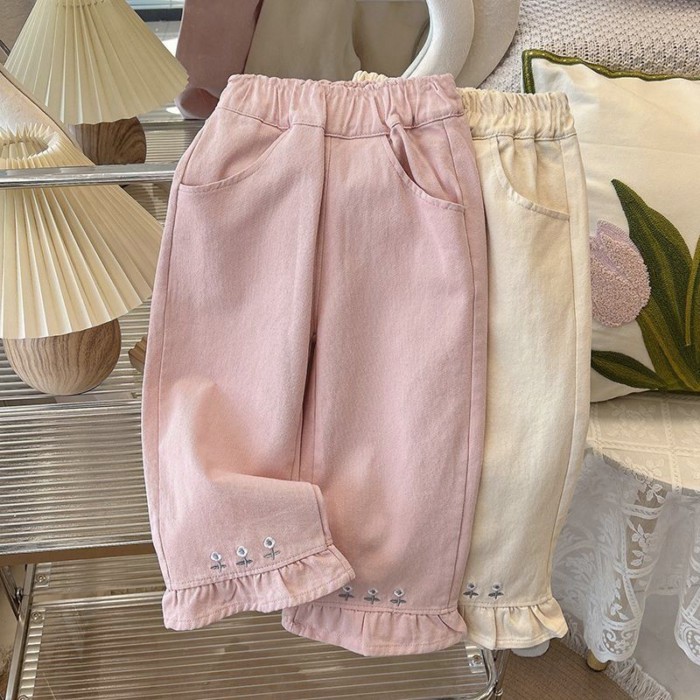 Quần cotton nguyên chất viền nấm ngọt ngào phiên bản Hàn Quốc, quần màu trơn thêu mỏng, đa nă