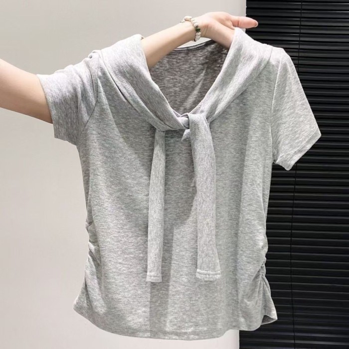 Áo thun ngắn tay khăn choàng hai mảnh giả dành cho nữ, eo thon, thiết kế vai phải, áo nhỏ xin
