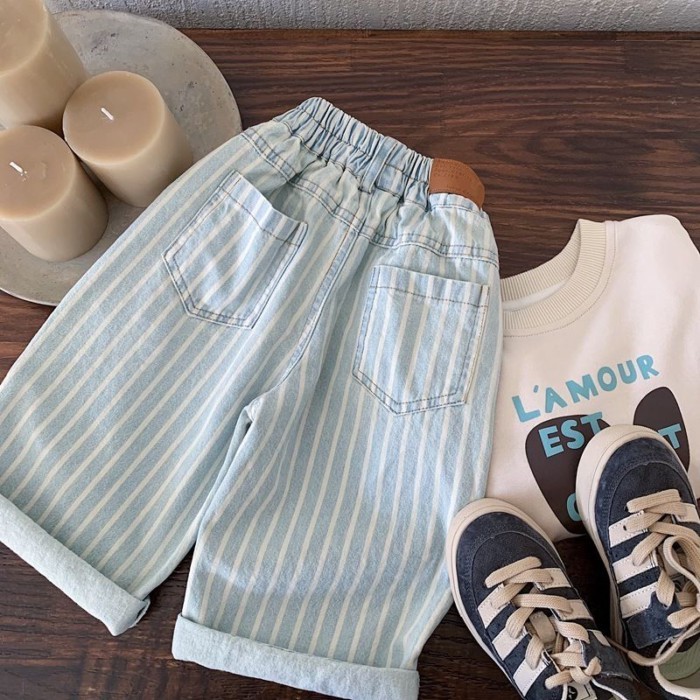 Quần Jean Trẻ Em Hàn Quốc Cotton Mềm Retro Sọc Bé Trai Bé Gái Quần Thẳng Thời Trang