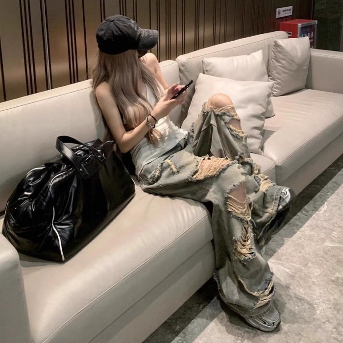 Quần denim rách cỡ lớn phong cách Mỹ quần ống rộng dạo phố
