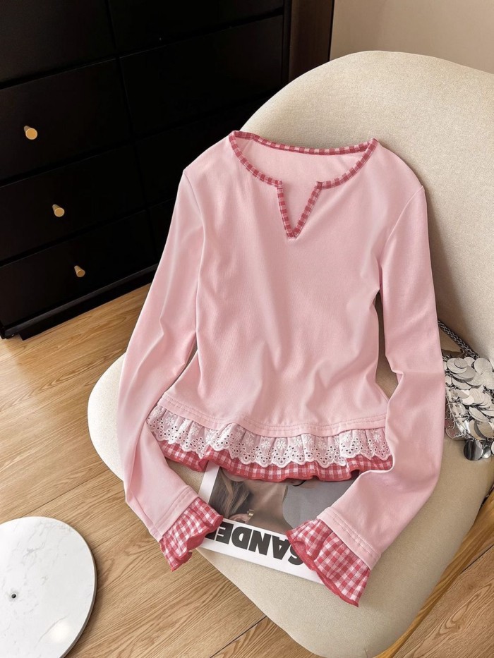 slim fit ren màu hồng hai mảnh dài tay đáy áo thun dopamine