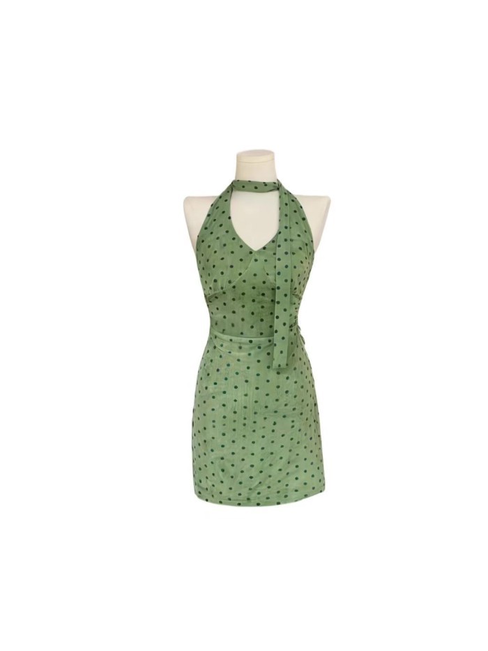 French Retro Green Polka Dot V-neck Halterneck Ribbon Dress Waist Slimming Holiday Skirt Wais