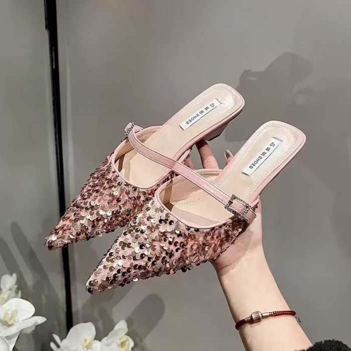 Dép xỏ ngón Baotou dành cho nữ mặc ngoài mùa hè sequin mũi nhọn Mule giày nữ sandal và dép có khóa