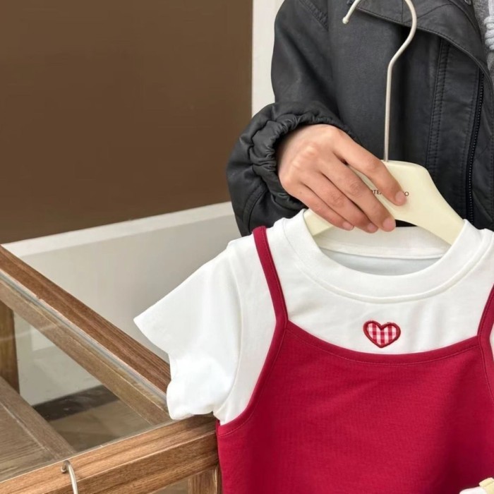 Girls Summer New Korean Style Fake Two-Piece Versatile Cotton T-Shirts Fashionable Baby Girls