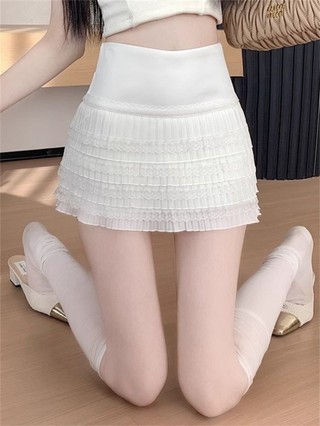 Váy ren trắng ngọt ngào kiểu Hàn Quốc mới eo cao xếp ly váy giảm béo đa năng mùa hè