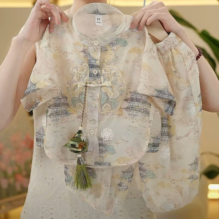 Hanfu Trung Quốc Trẻ Em Bé Trai Áo Đường Mỏng Mới Thêu Nút Cài Áo Trên Phong Cách Trung Hoa