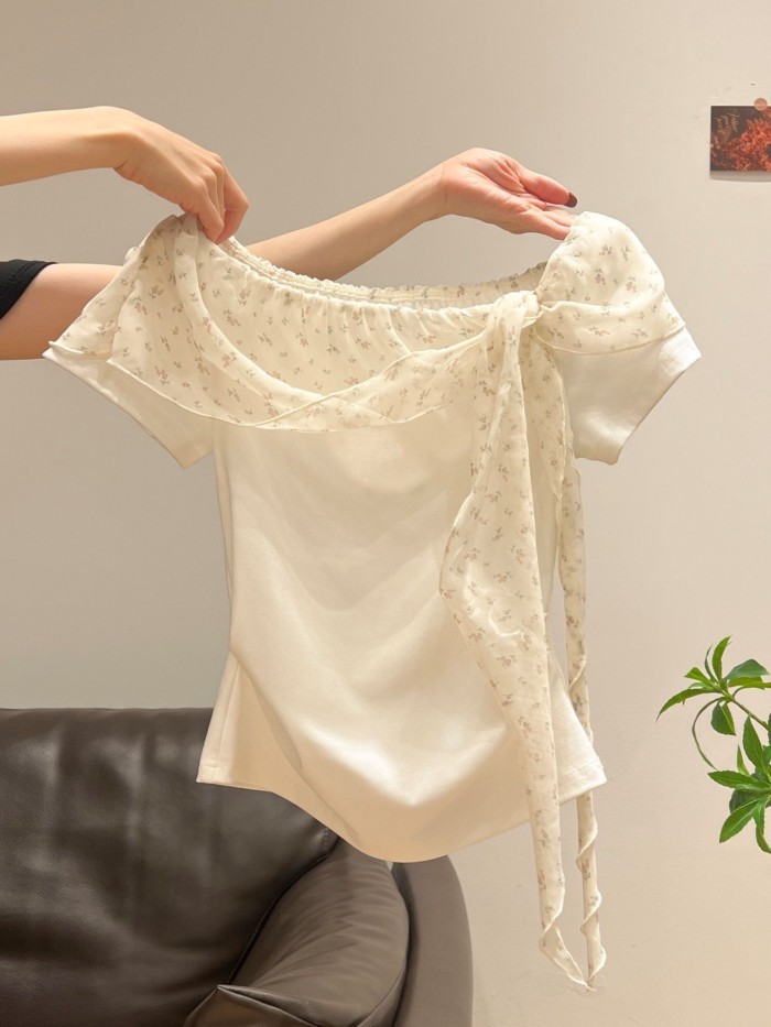 Áo thun ngắn tay trễ vai phối ren hoa cho nữ giảm béo xuân hè