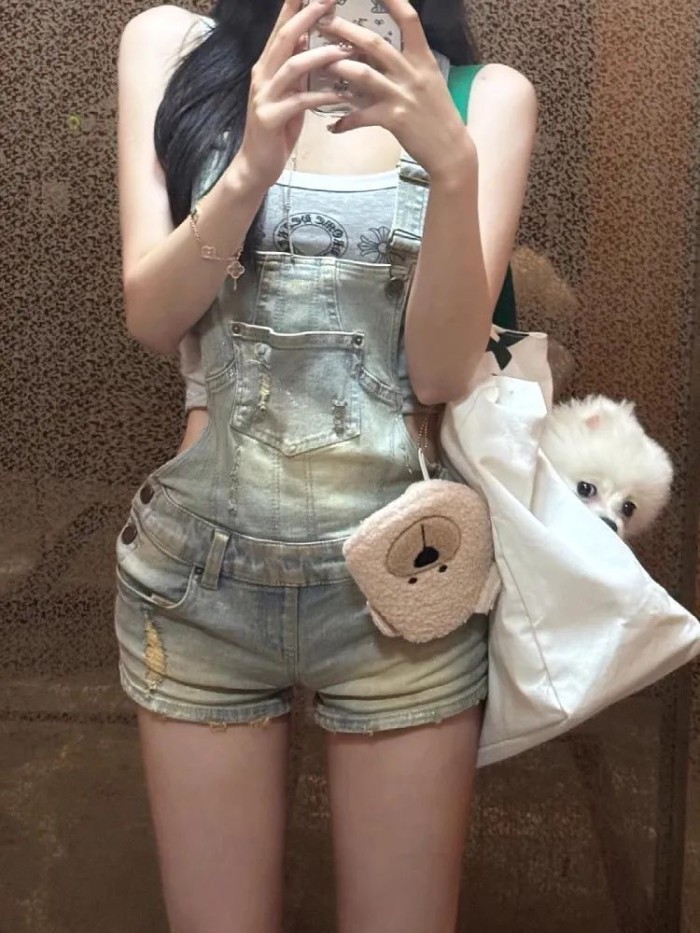 Quần short có dây đeo denim phong cách retro của Mỹ thiết kế dành cho nữ quần một mảnh rách