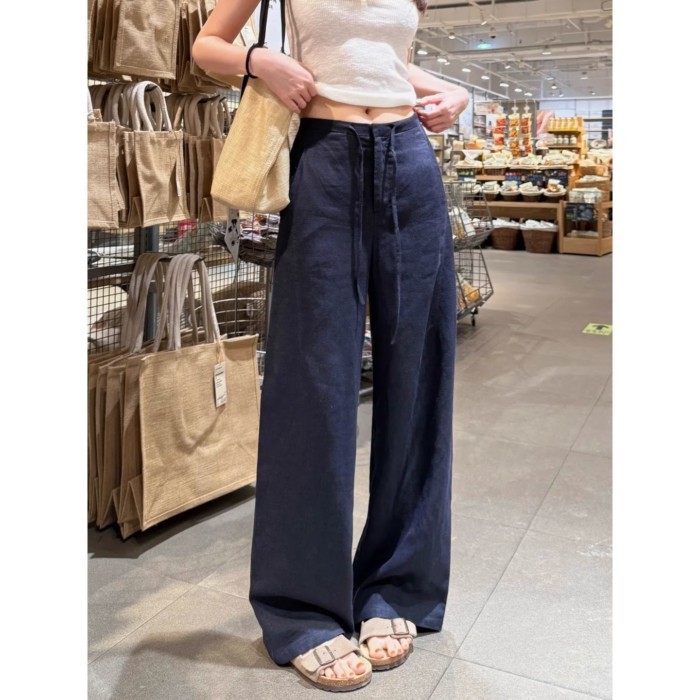 Quần vải lanh nữ, quần chống nắng lụa băng mỏng mùa hè, quần ống rộng cotton và vải lanh cỡ l