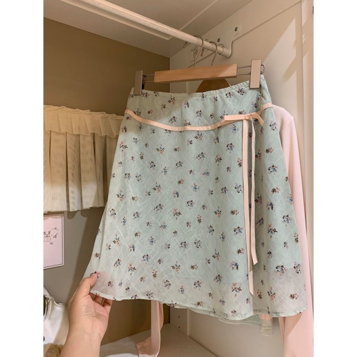Sweet New Fresh Floral Skirt Korean Style Slimming Bow Tie Skirt