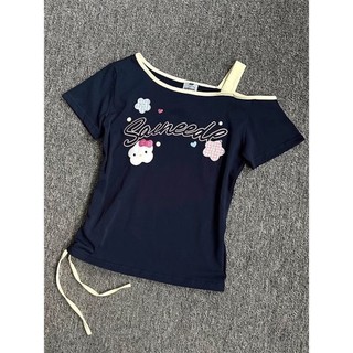 Bé gái và trẻ lớn hơn mèo kitty trễ vai treo áo thun ngắn tay dáng rộng mùa hè giảm béo lệch vai