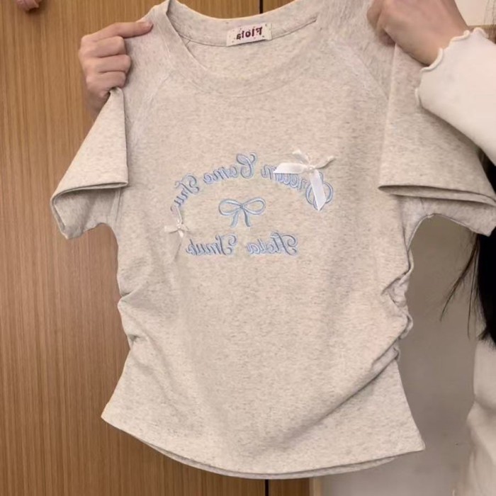 Middle And Large Children's Waist Slimming Short Top Summer Embroidered Letter Bow Lace Ragla