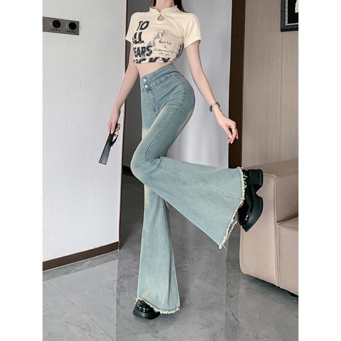 Giặt Nguyên Edge Lớn Loe Quần Jean Nữ Xuân Thu Cao Cấp Quần Ống Rộng Quần Đuôi Cá Quần Dài