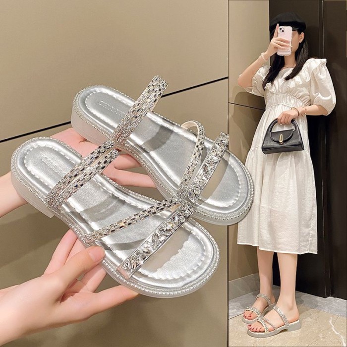 Dép đế bệt dành cho nữ để mặc như áo khoác ngoài với váy, đế mềm, kim cương giả tuyệt đẹp, dép và d