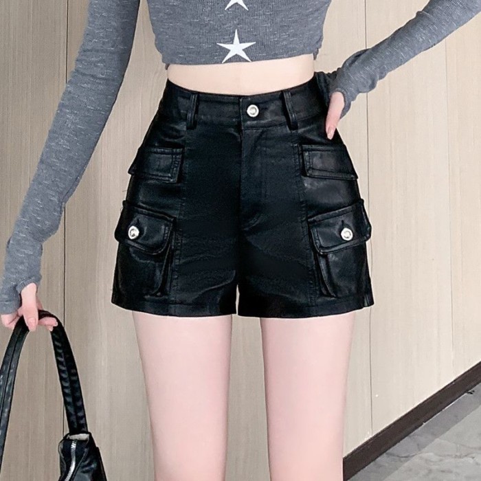 Quần Áo Bảo Hộ Lao Động Da PU Quần Short Nữ Thu Đông Mới Cao Cấp Ôm Đa Năng Chữ A Thường Quần Ốn