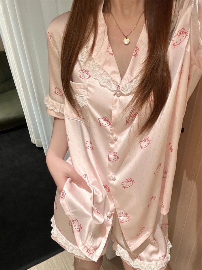 Bộ đồ ngủ lụa băng Hello Kitty nữ tay ngắn quần short ở nhà Bộ quần áo có thể mặc bên ngoài
