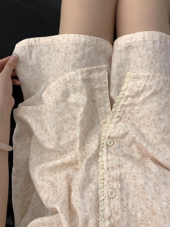 Bộ đồ ngủ nhỏ tươi tắn dành cho nữ, bộ đồ ngắn tay ren nữ tính ngọt ngào, trang phục ở nhà th