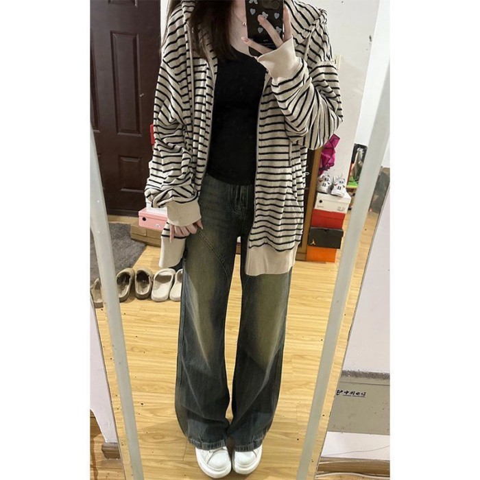 Áo khoác cardigan sọc phong cách Harajuku Hàn Quốc của phụ nữ có mũ trùm đầu thường ngày