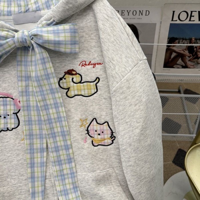 Pure Desire Dễ Thương Kẻ Sọc Nơ In Hình Cún Con Có Mũ Áo Khoác Cardigan Nữ