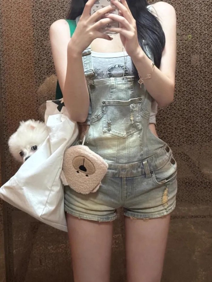 Quần short có dây đeo denim phong cách retro của Mỹ thiết kế dành cho nữ quần một mảnh rách