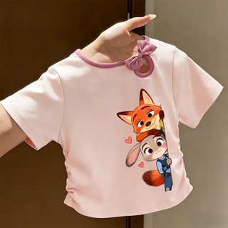 Áo thun Zootopia Judy dành cho trẻ em và trung niên phong cách mùa hè bé gái nơ ngắn tay phong cách