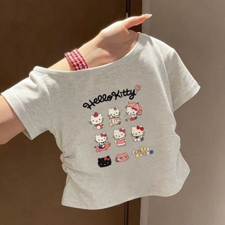 Mùa hè ngọt ngào trẻ em khâu vá cho bé gái giả hai mảnh kẻ sọc trễ vai áo thun ngắn tay in hình cỡ
