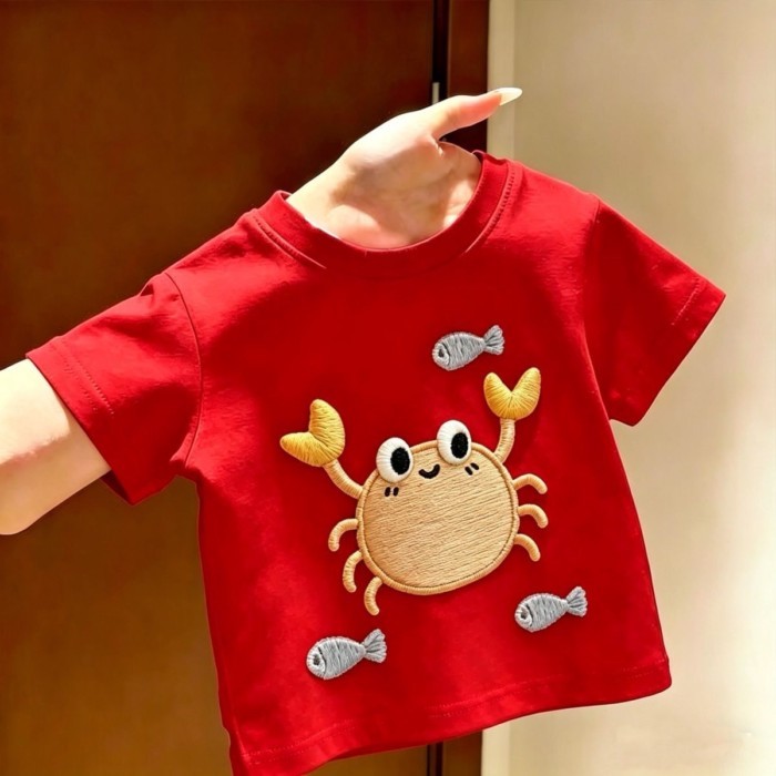 Áo thun ngắn tay giả thêu hình cua dễ thương cho trẻ em Áo thun cotton đa năng cho trẻ em