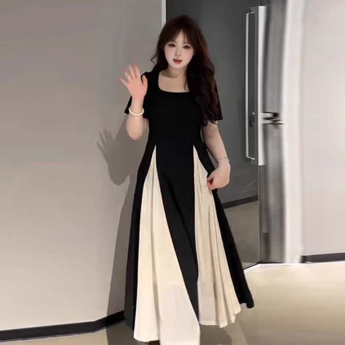 Đầm màu sắc tương phản mới, phong cách Trung Hoa dành cho body đầy đặn, cổ vuông tay ngắn, thiết kế thon gọn vòng eo, đường may cẩn thận - size lớn