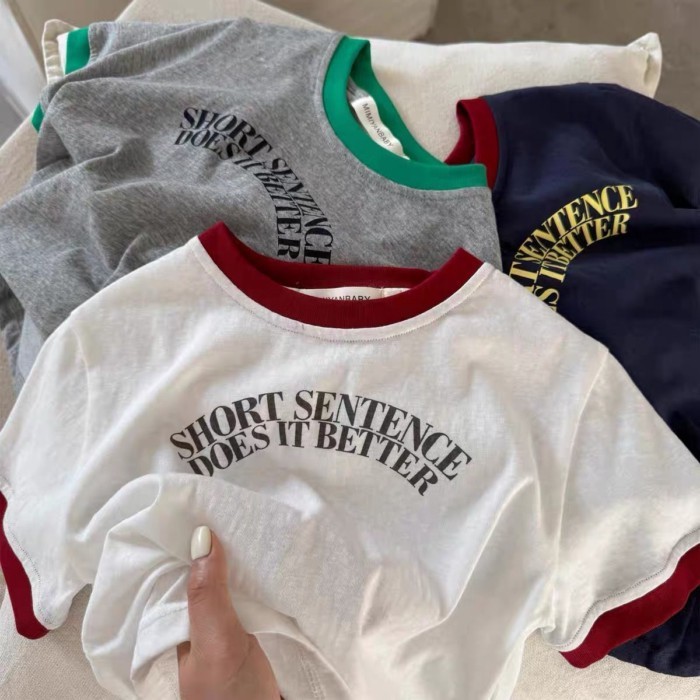 Trẻ em bé gái ngắn tay mùa hè bé trai cổ tròn chữ cái cotton sành điệu Áo thun trẻ em màu sắc