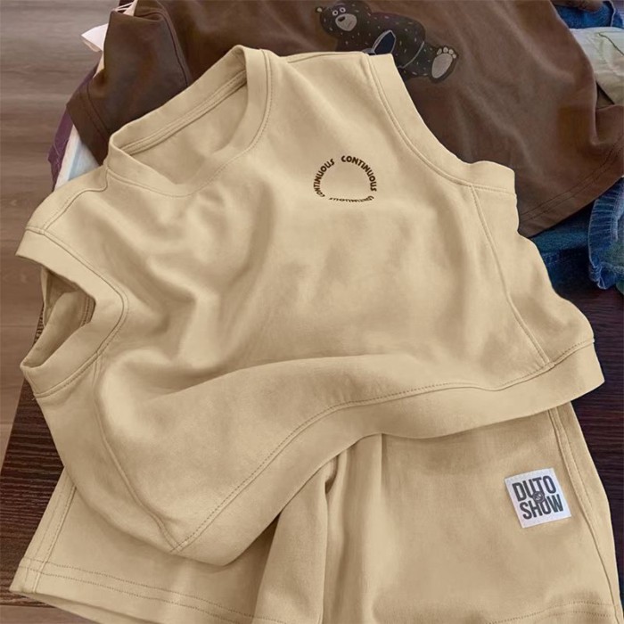 Bộ đồ hai mảnh cotton mỏng nguyên chất mùa hè dành cho trẻ em dành cho bé trai và bé gái áo v