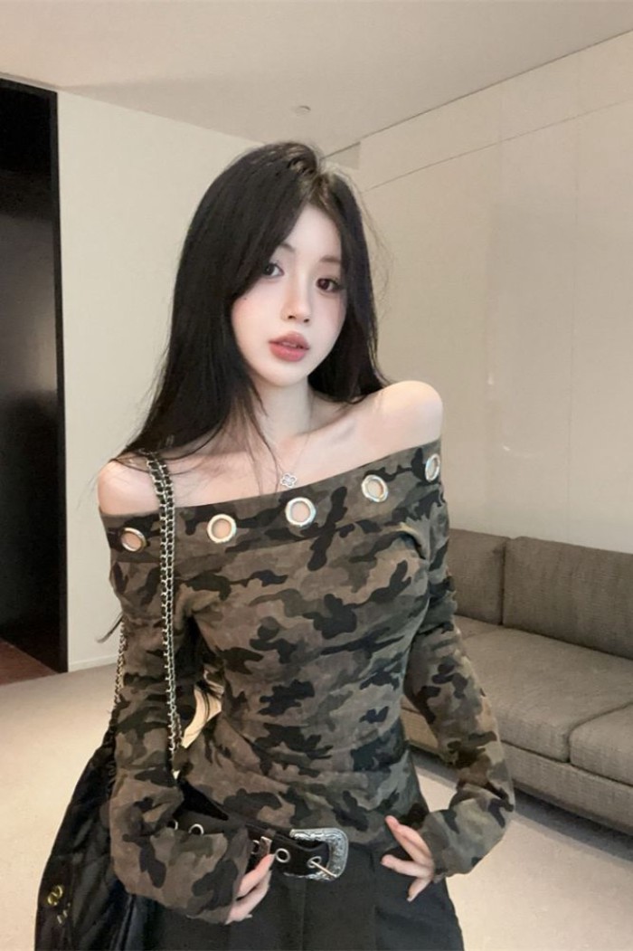 Lan Áo Sơ Mi Một Vai Phong Cách Retro Slim, Thiết Kế Ngụy Trang Dây Chéo Bả Vai