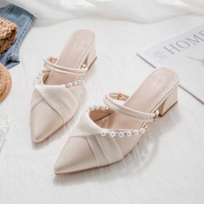 Giày sandal hai dây cao gót mùa xuân hè nữ kiểu Pháp nửa kéo, sandal mũi nhọn, giày nữ mũi nhọn gót